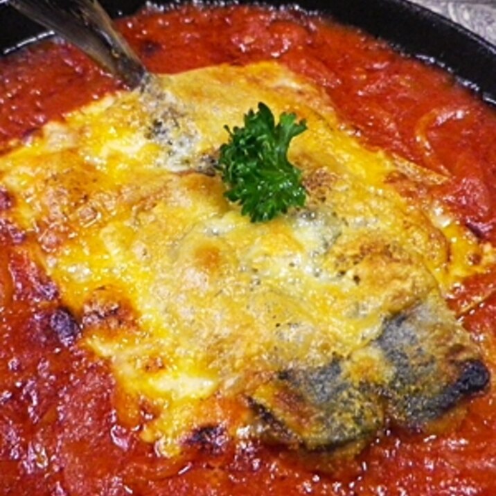グリルパンで、トマト煮鰯のチーズ焼き
